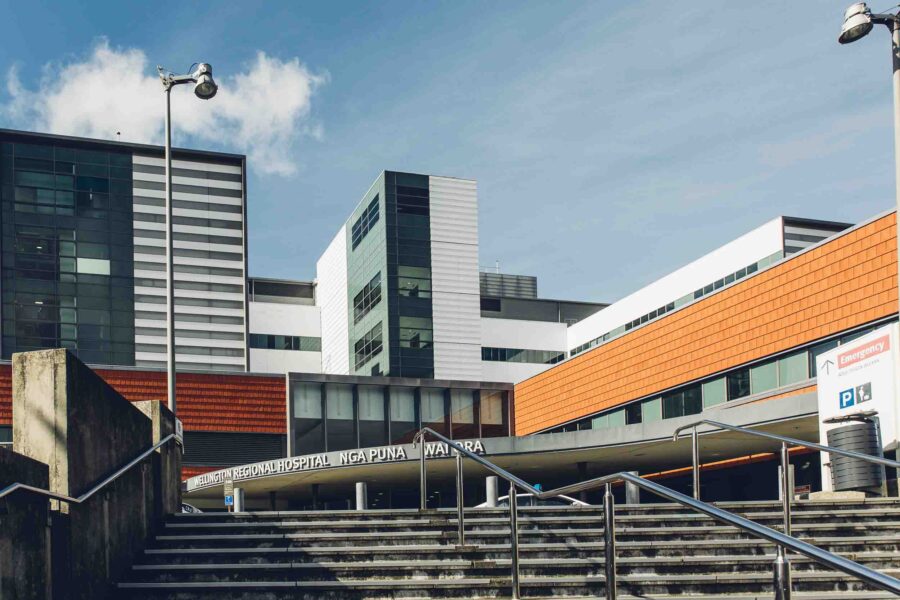 The front steps and main entrance of Wellington Hospital.
