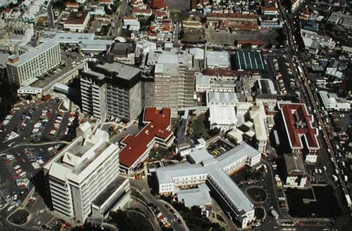 Aerial view of new Children's Hospital with red roof, 1988