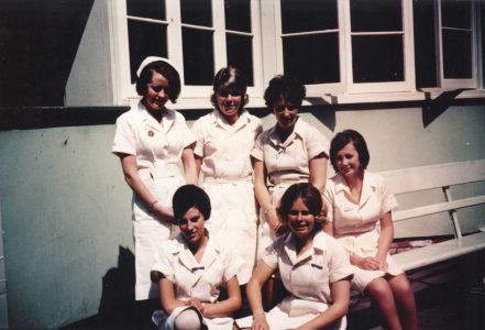 L->R: S/N Mary McCartney, and techs Barbara Leeks, Mary Mortlock, Kathy Anderson, (front row) Beverley Paul, Paula Watson 1966
