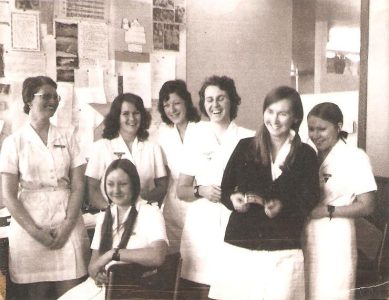 L->R: Shelley Nippierd, Frances Stewart, Carol McIntyre, Diane Lightbown, Sylvia Fellowes, Sue Barlow, Margaret Simpson (seated) 1975