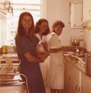 Mary Hartley, Frances Stewart and Stephanie Perry in department kitchen, 1980